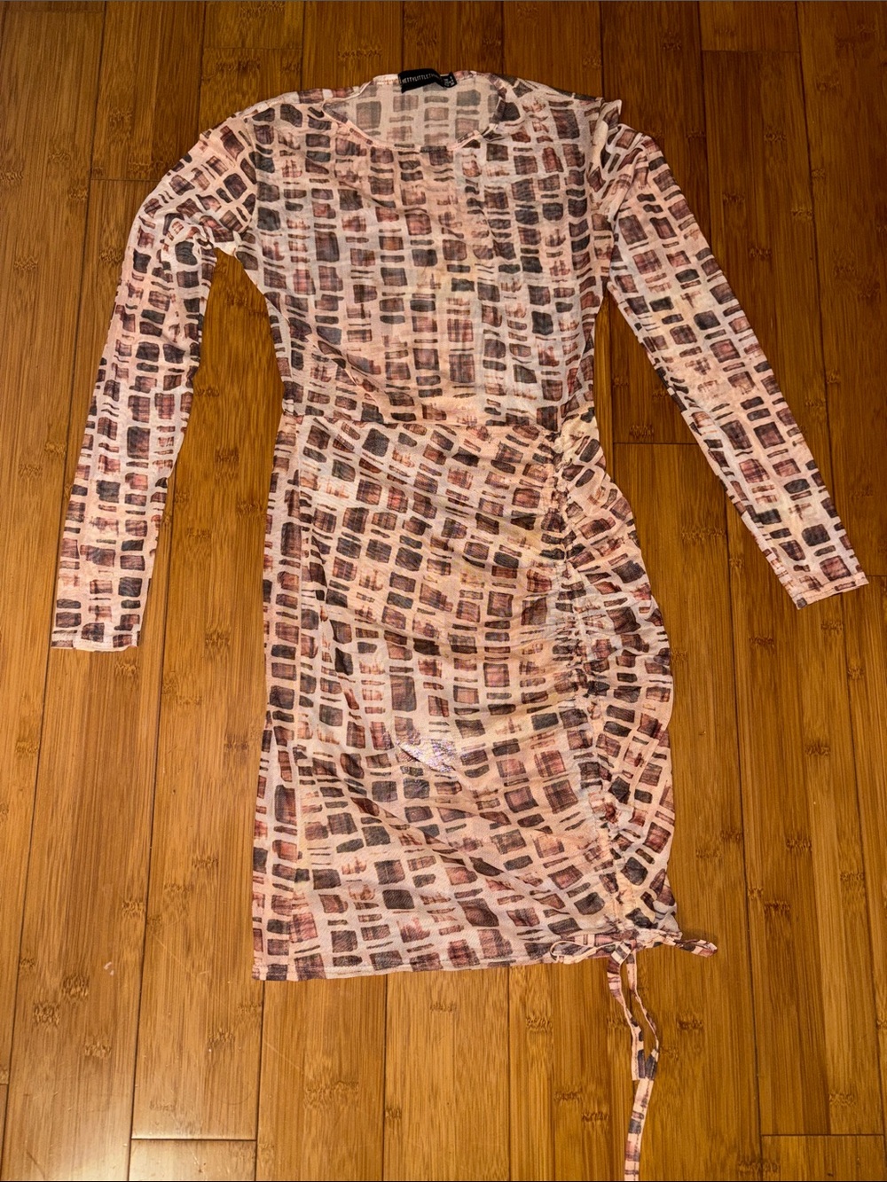 PrettyLittleThing Pink Multi Ruched Long Sleeve Mesh Dress